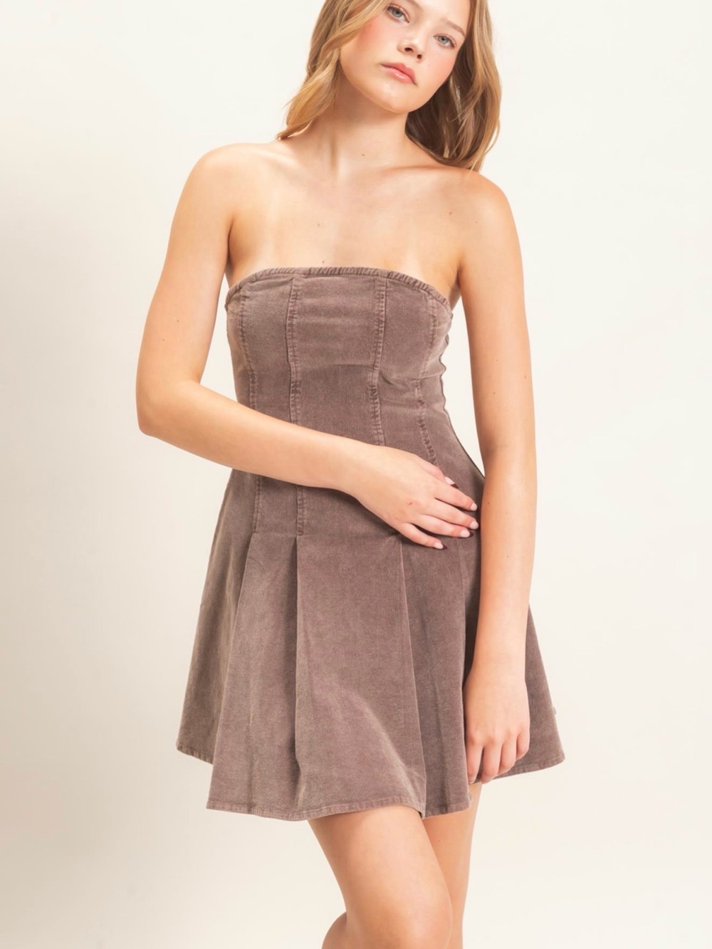 HYFVE Strapless Mineral Wash Fit & Flare Dress in Taupe